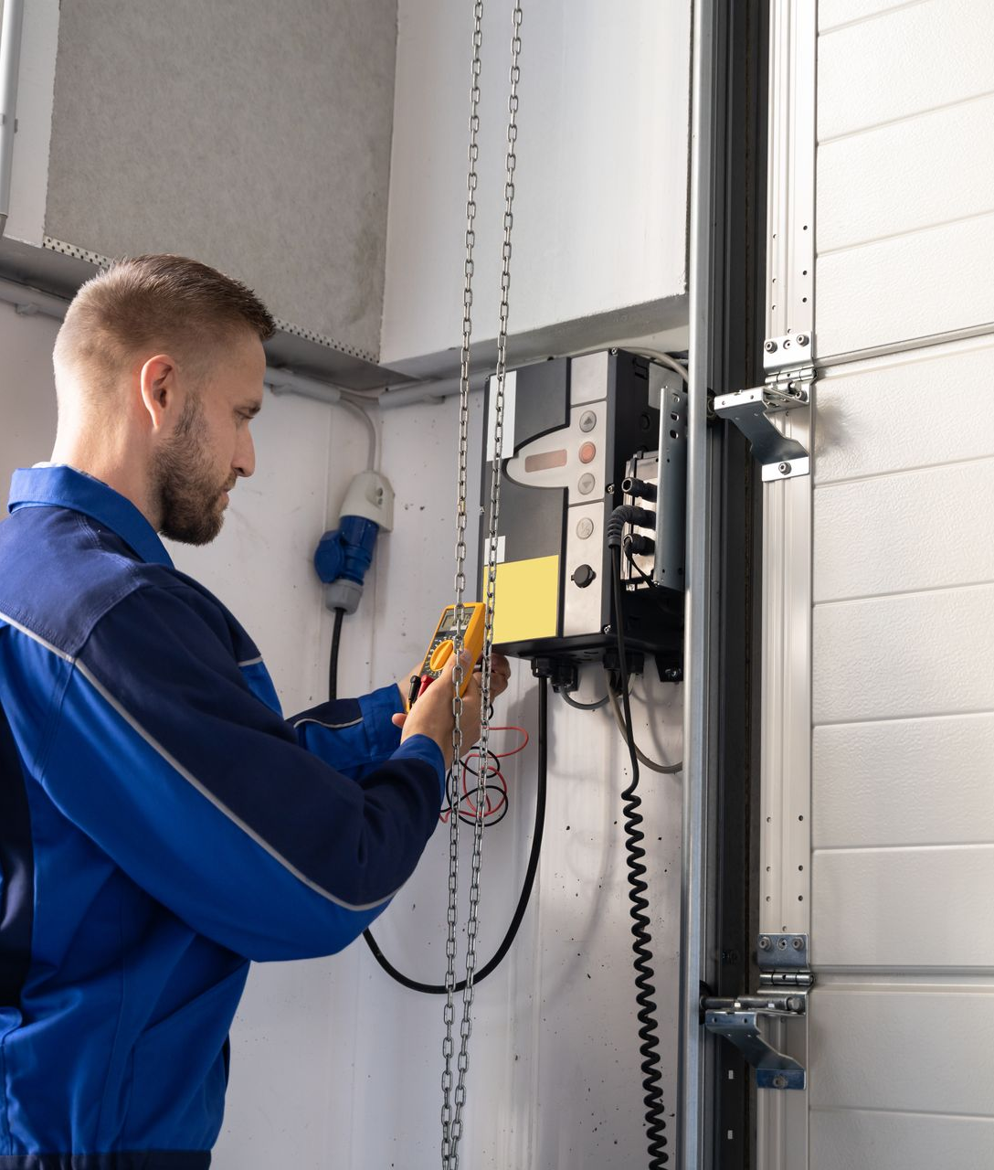 A man in blue overalls uses a multimeter to check a garage door opener.