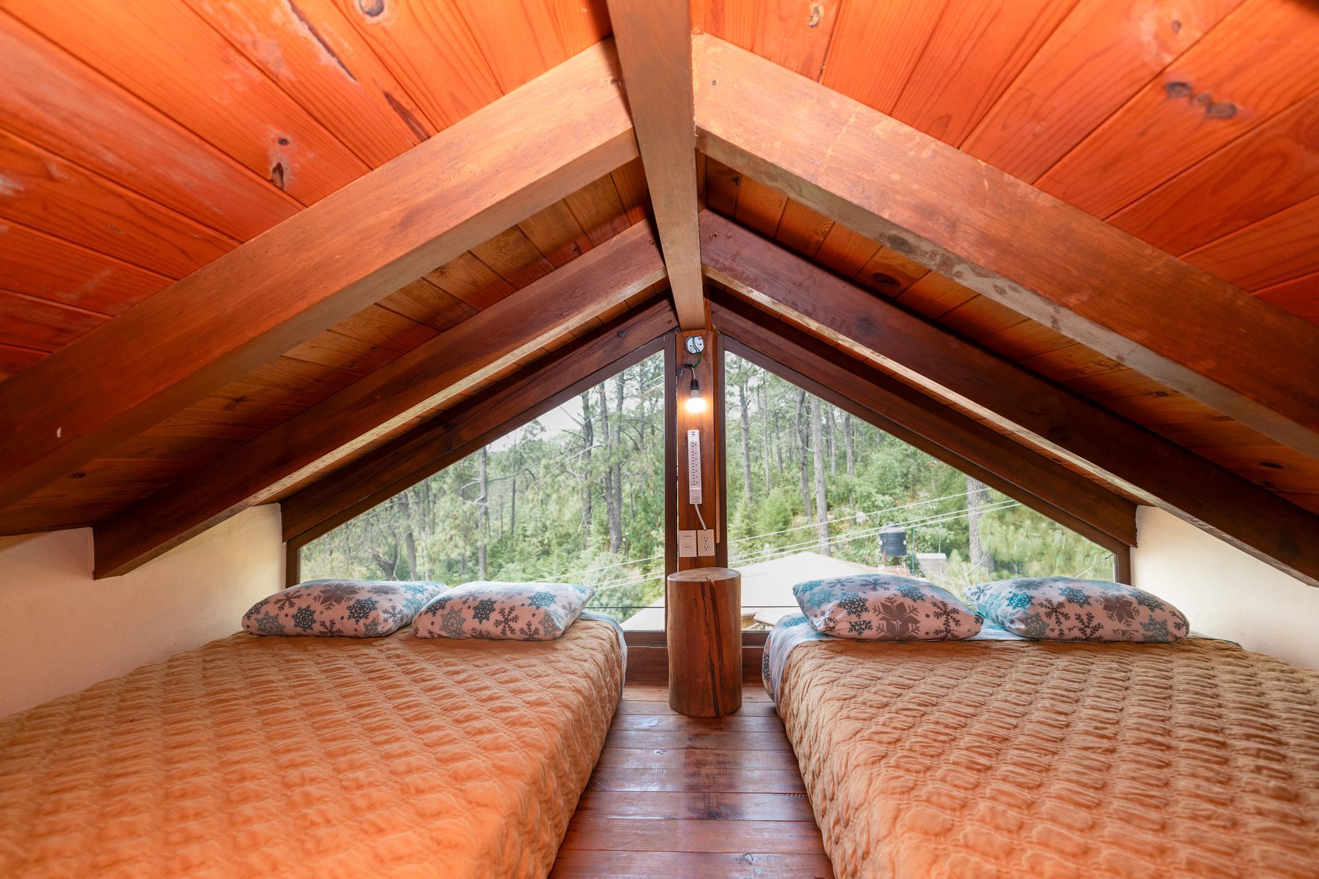 Hay dos camas en el ático de una casa.