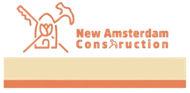 Logo for New Amsterdam Construction with tools icon and orange and tan color scheme.