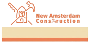 Logo for New Amsterdam Construction with tools icon and orange and tan color scheme.