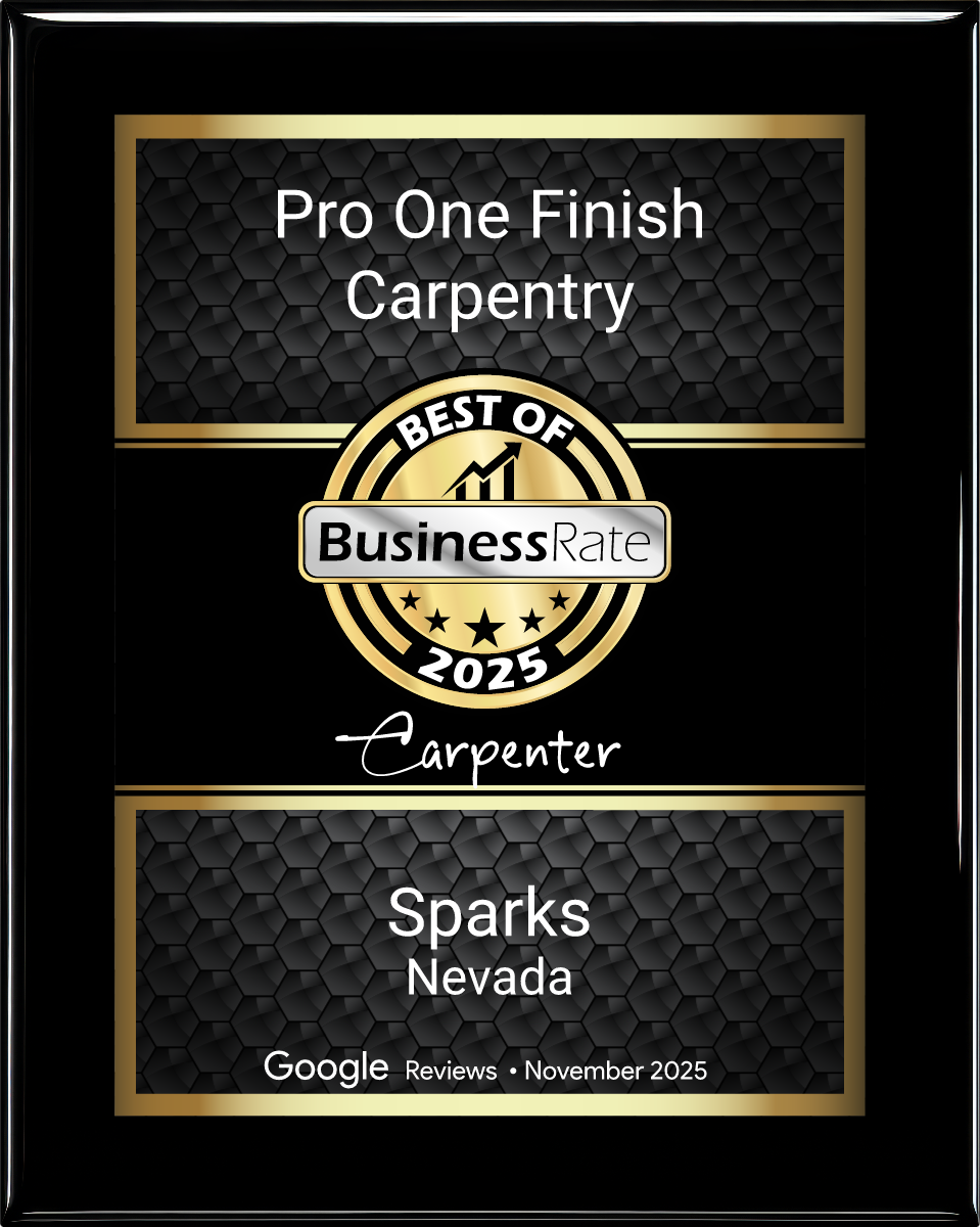 Pro One Finish Carpentry award plaque: Best of Business 2023, Sparks, Nevada. Gold trim on black background.