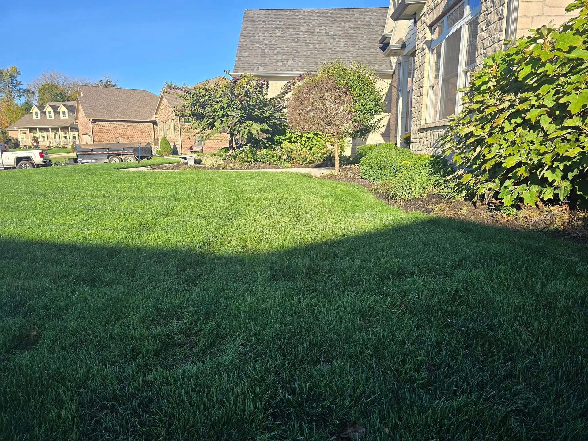 Green lawn with shadows, houses in the background under a blue sky.