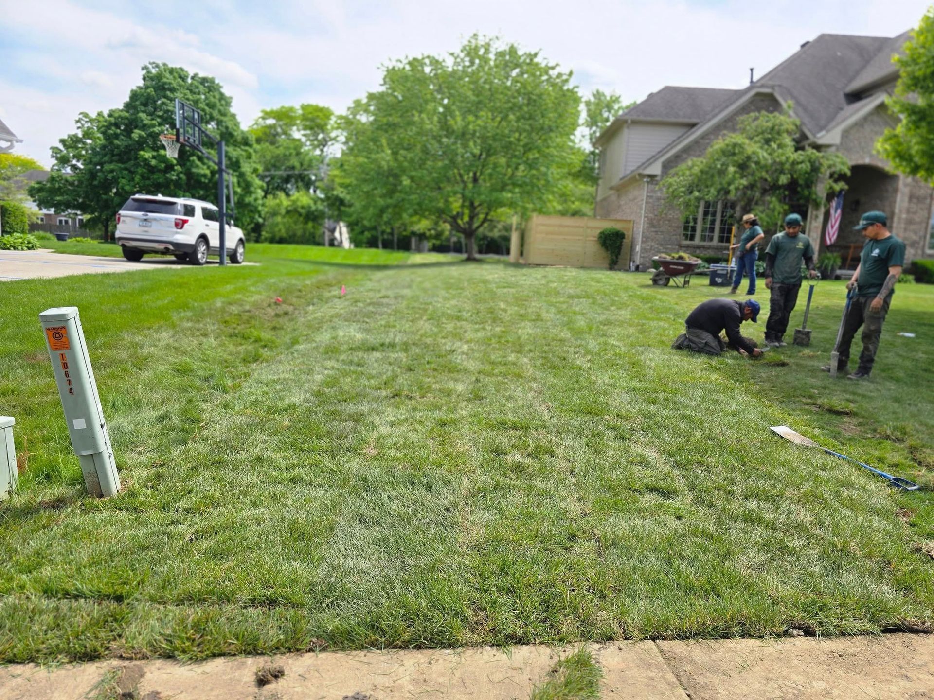 Landscapers working on a lawn. Green grass, residential setting, several people with tools.