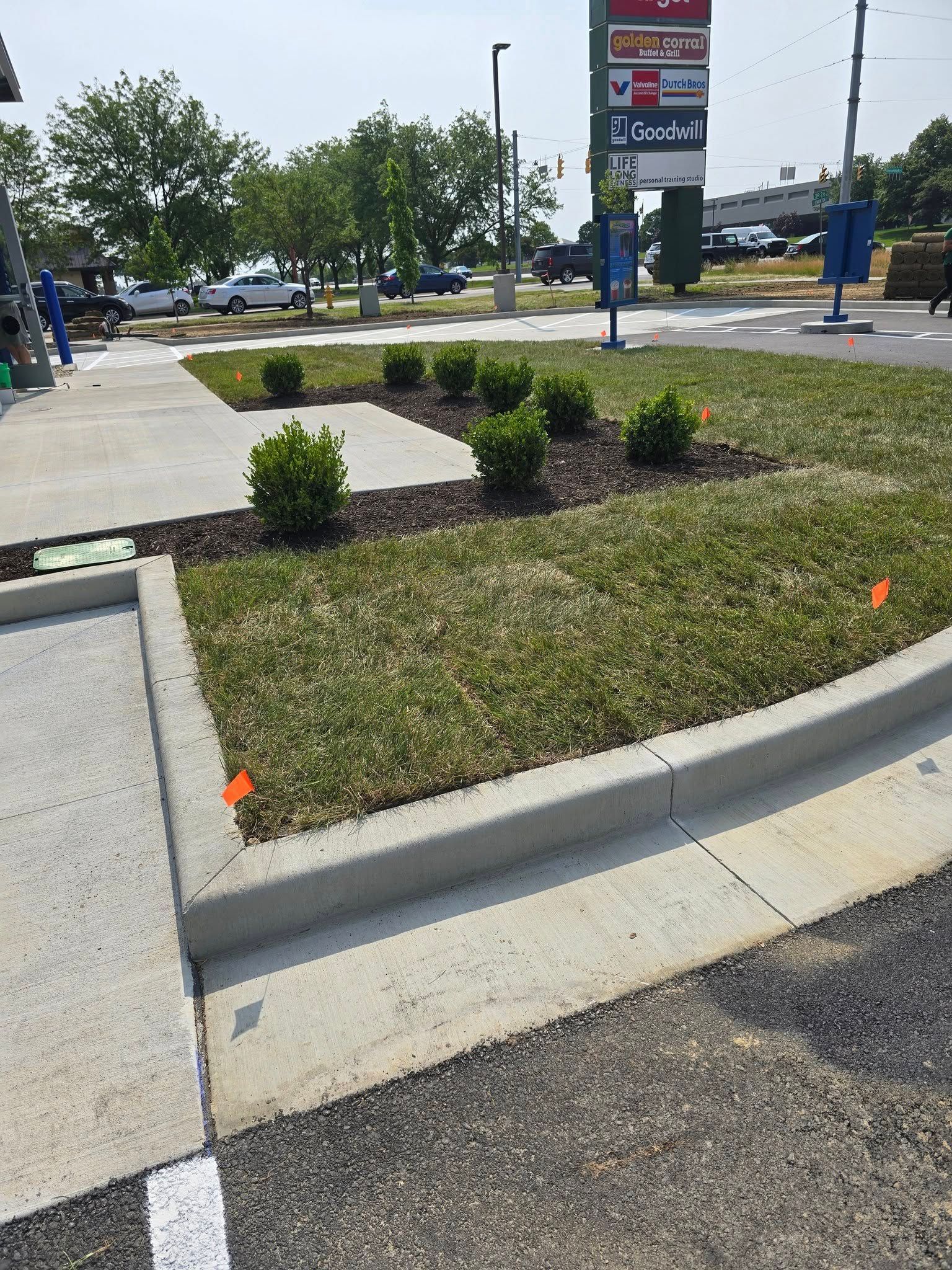 Concrete curb and sidewalk leading to a landscaped area with grass and shrubs near a commercial building.