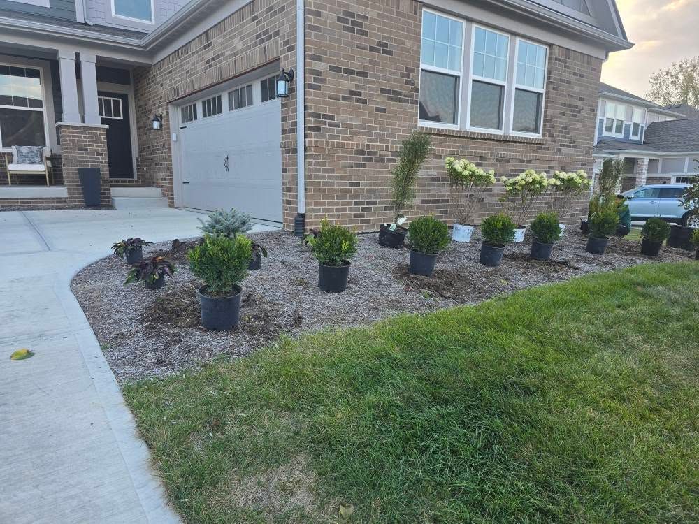 Front yard with landscaping being planted; plants in pots near a brick house and driveway.