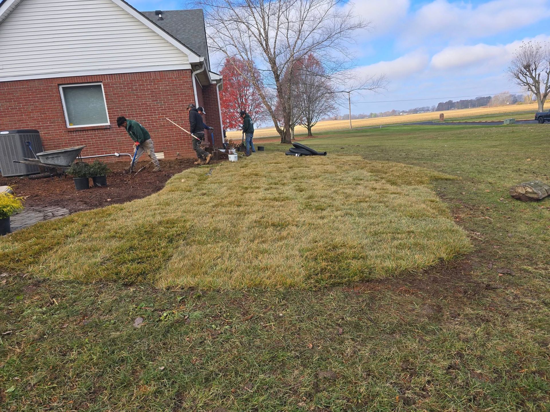 Landscapers working on a grassy mound near a brick house. Overcast day.