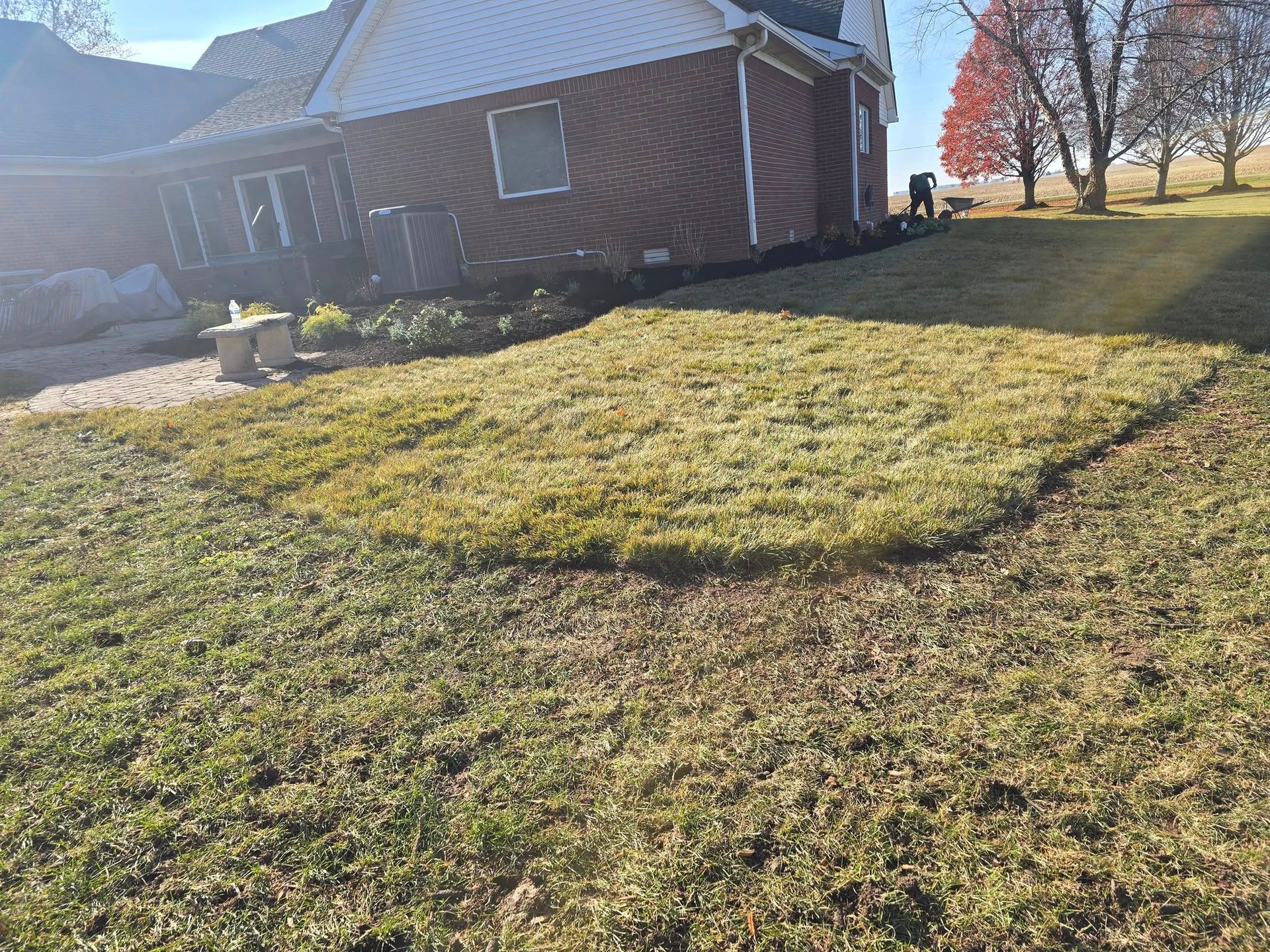 A house with a newly sodded patch of grass in front, under a sunny sky.