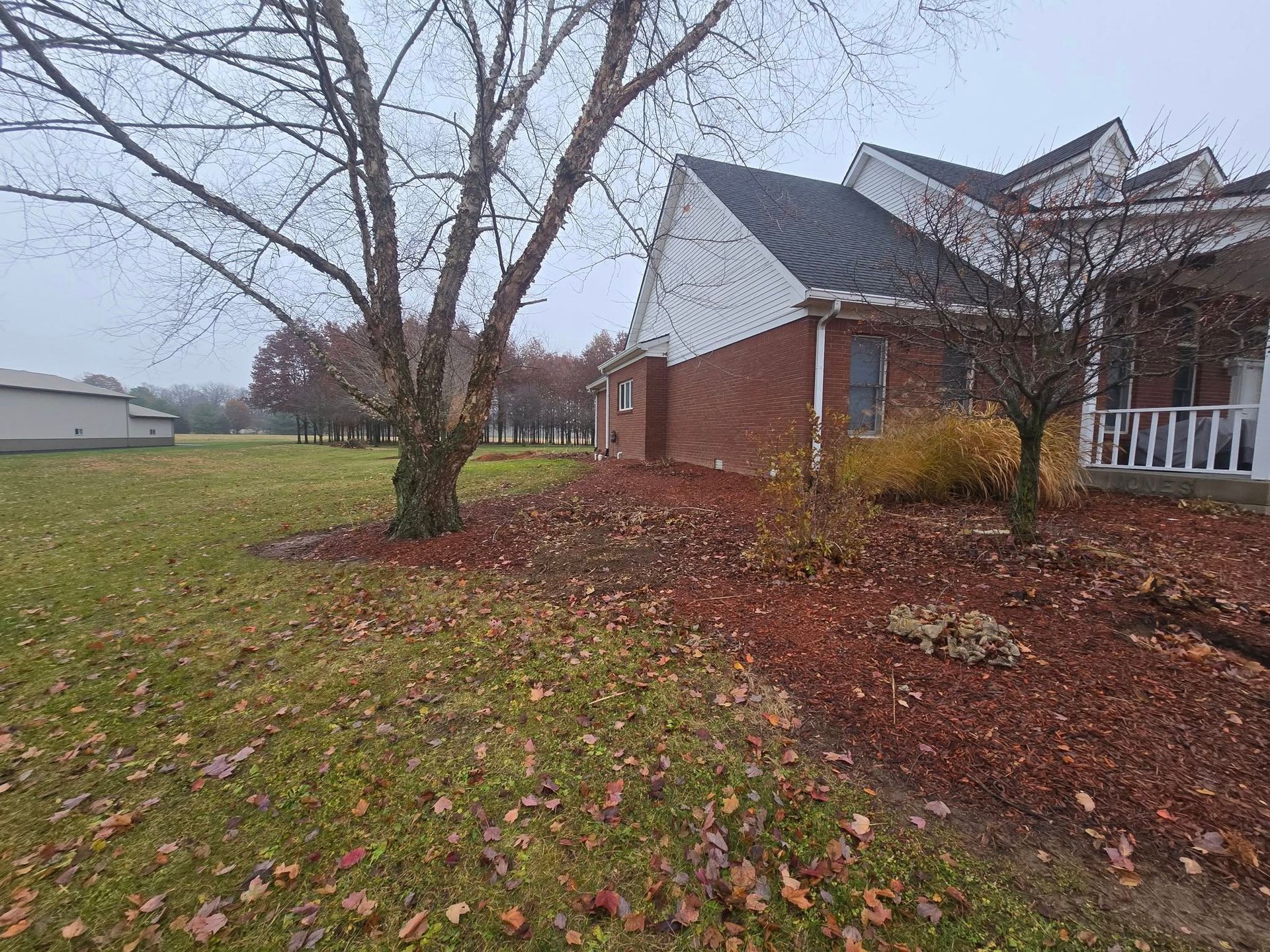 A house with a brick exterior next to a grassy lawn with a tree and mulch. Overcast sky.