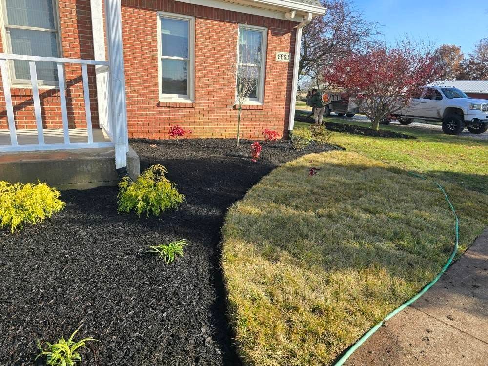 House with black mulch landscaping, contrasted with a lawn of dry grass. A green hose lies on the grass.