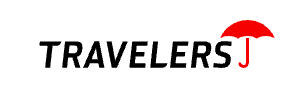 Travelers insurance logo: black text with a red umbrella icon.