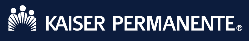 Kaiser Permanente logo with a stylized sun and people graphic, and white text on a dark blue background.