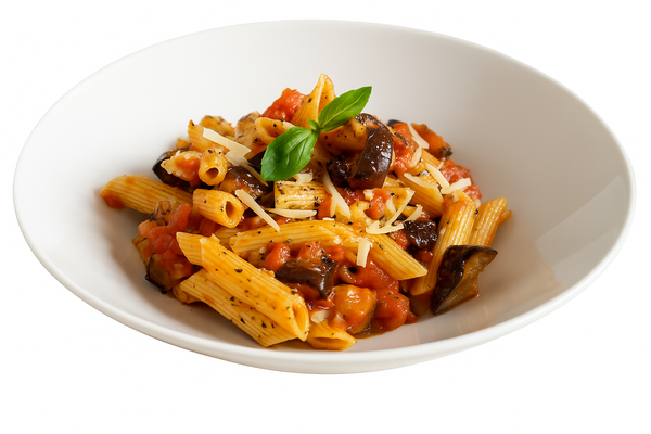 Pasta with eggplant and tomato sauce, topped with cheese and basil in a white bowl.