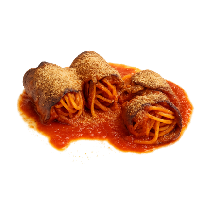 Three bacon-wrapped pasta rolls in tomato sauce, sprinkled with breadcrumbs.