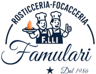 Logo for Rosticceria-Focacceria Famulari: two chefs, one holding food, other thumbs up. Blue and white design.