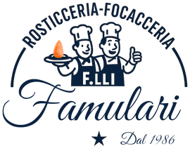 Logo for Rosticceria-Focacceria Famulari: two chefs, one holding food, other thumbs up. Blue and white design.