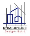 Logo for Straightline Design-Build: a blue line drawing of a building structure over text in black and red.