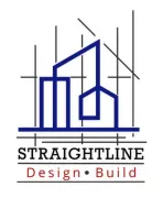 Logo for Straightline Design-Build: a blue line drawing of a building structure over text in black and red.