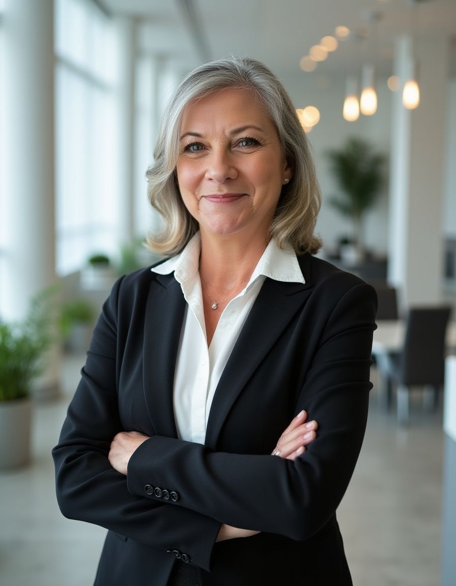 Woman with gray hair in a black suit, arms crossed, smiling in an office setting.