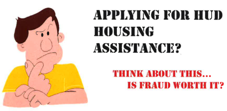 A cartoon of a man thinking about applying for housing assistance