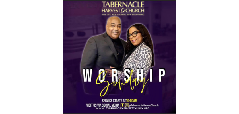 a man and a woman are standing next to each other on a purple background that says Tabernacle Harvest Church.