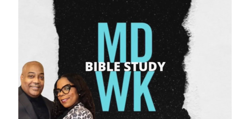 a man and a woman are standing next to each other in front of a sign that says md bible study wk