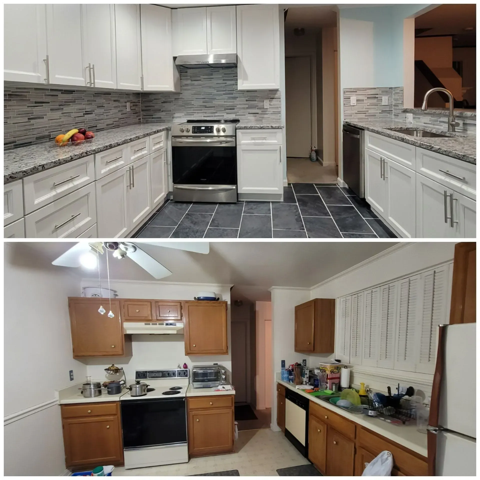 Before and after of a kitchen renovation featuring white cabinets, stone countertops, and new appliances.