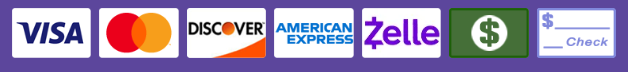 Logos for payment options: Visa, Mastercard, Discover, American Express, Zelle, cash, and check.
