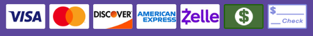 Logos for payment options: Visa, Mastercard, Discover, American Express, Zelle, cash, and check.