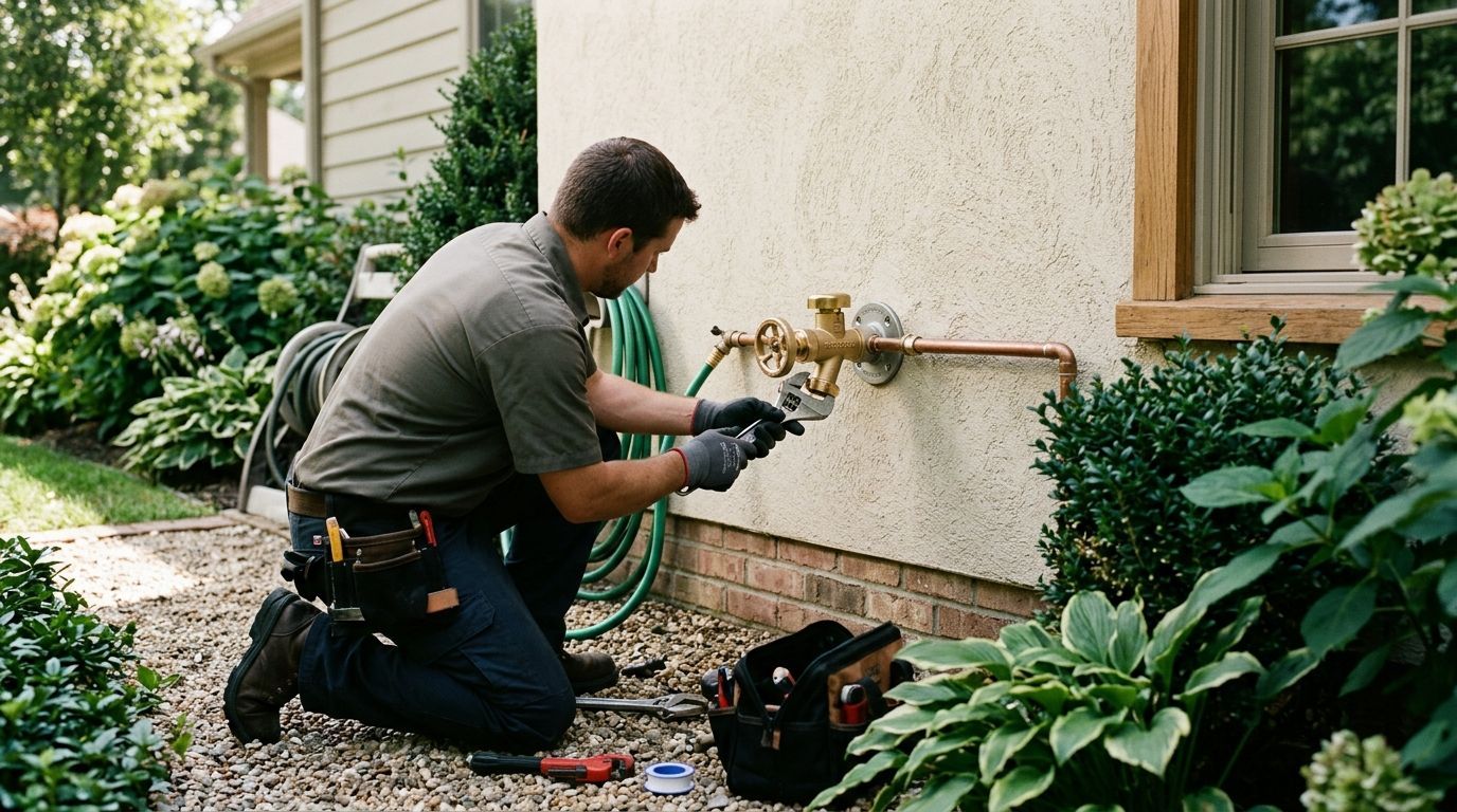 Technician repairing an outdoor gas line beside a house with tools and equipment on the ground