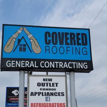 Sign for Covered Roofing, General Contracting. Blue background with a roof graphic made from hands, and text.