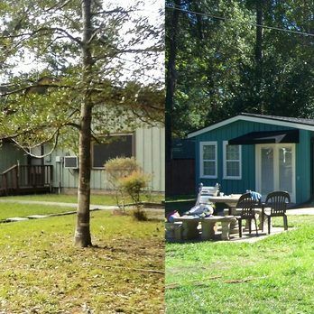 Two cabins side-by-side: one green, one turquoise, with outdoor seating and a tree.
