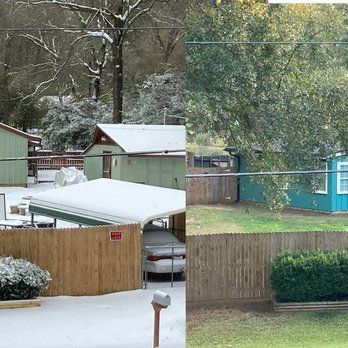 A split image shows the same scene in winter with snow and in summer with green foliage.