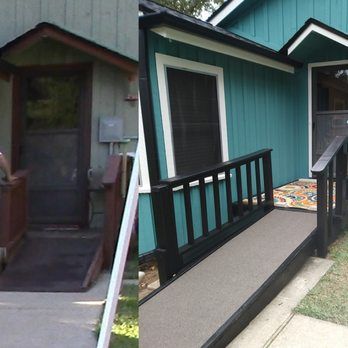 Before-and-after of home entry: old, weathered porch with ramp transforms into teal exterior with new ramp and railing.