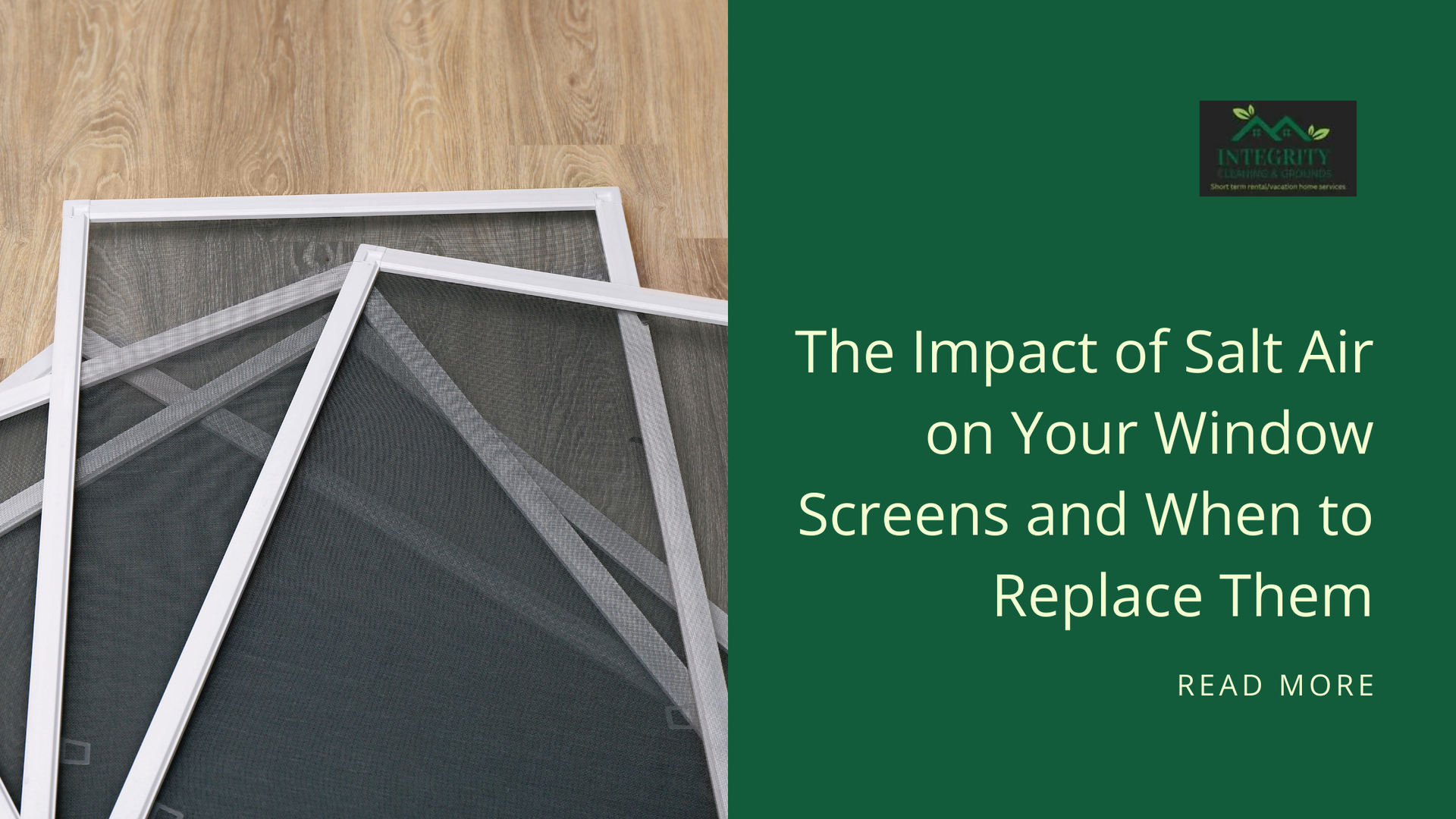 Window screens on wooden background with text: