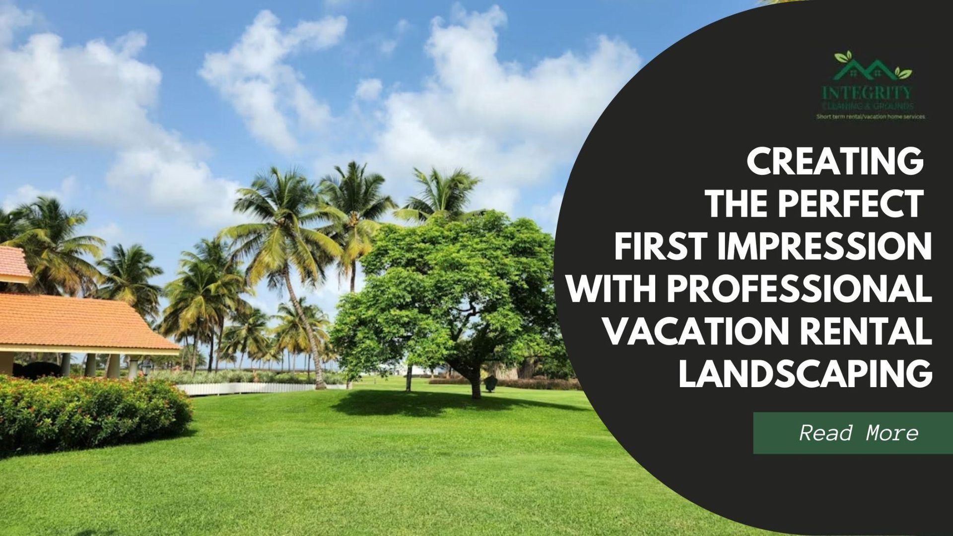 Lush landscaped lawn with palm trees and open green space in front of a vacation property, highlight