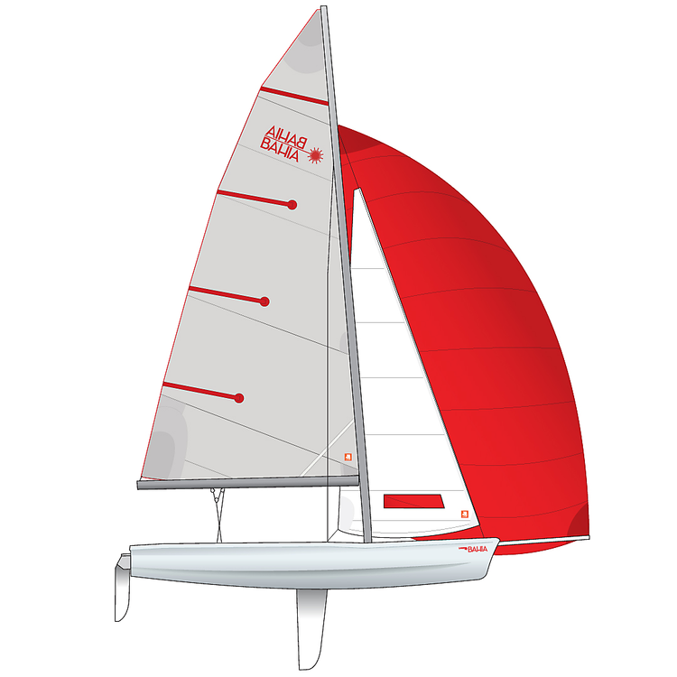 A drawing of a sailboat with a red sail