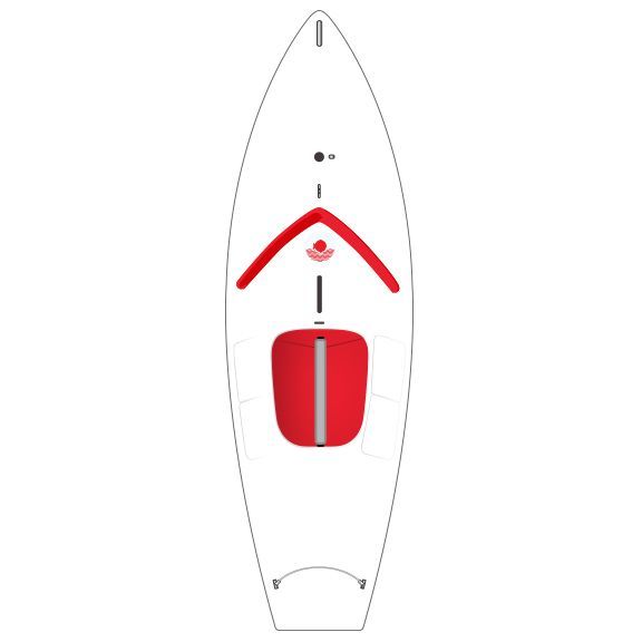 A white surfboard with a red pad on it