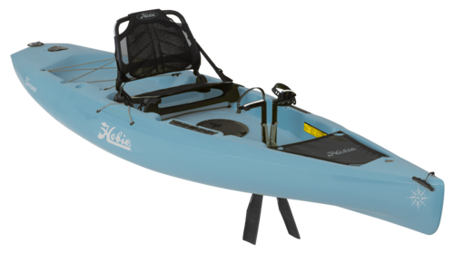 A blue kayak with a black seat on a white background.