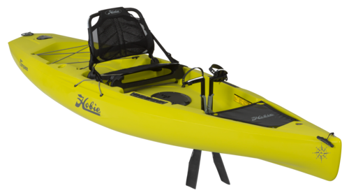 A yellow kayak with a black seat on a white background.