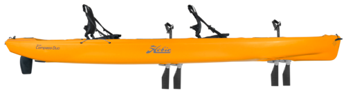 A yellow kayak with two people in it on a white background.