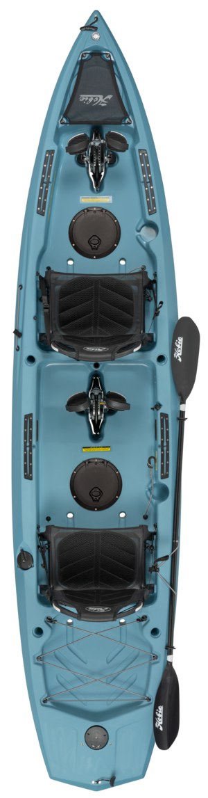 A blue kayak with two seats and two paddles on a white background.