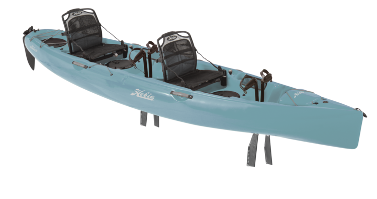 A blue kayak with two seats on a white background.