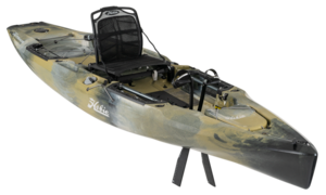 A kayak with a black seat on a white background