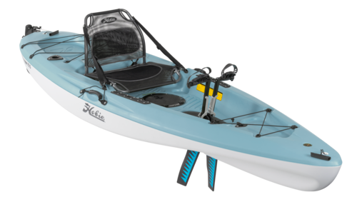 A blue and white kayak with a seat on a white background.