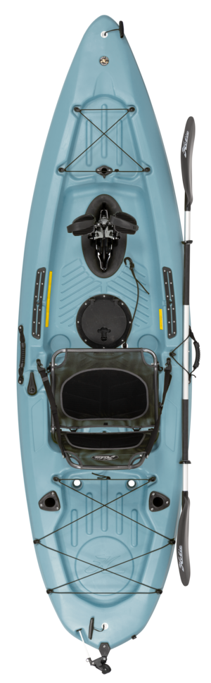 A blue kayak with two paddles on a white background.