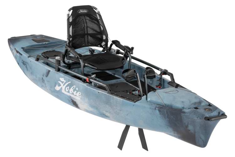 A blue kayak with a black seat on a white background.