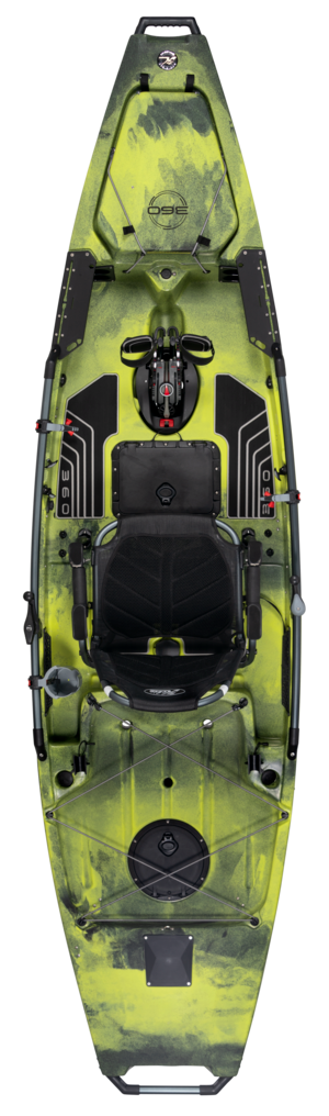 A yellow and green kayak with a black seat on a white background.