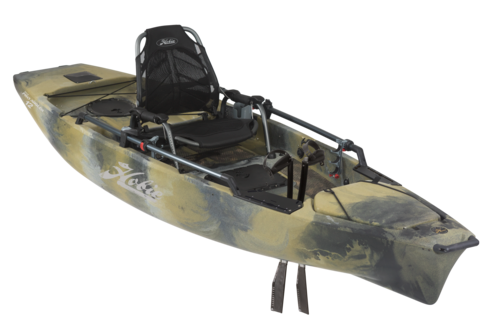 A camouflage kayak with a black seat on a white background.