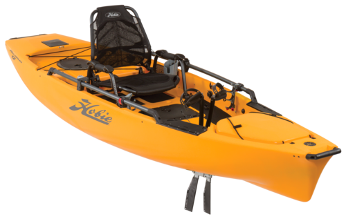 A yellow kayak with a black seat on a white background.