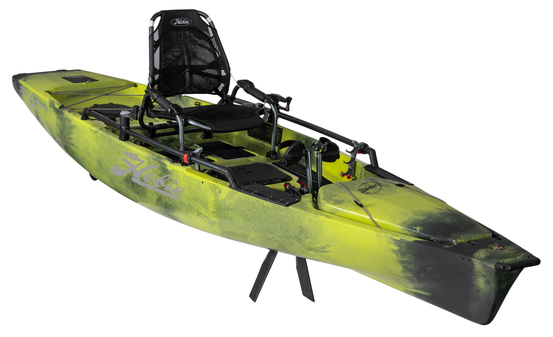 A yellow and black kayak with a black seat on a white background.